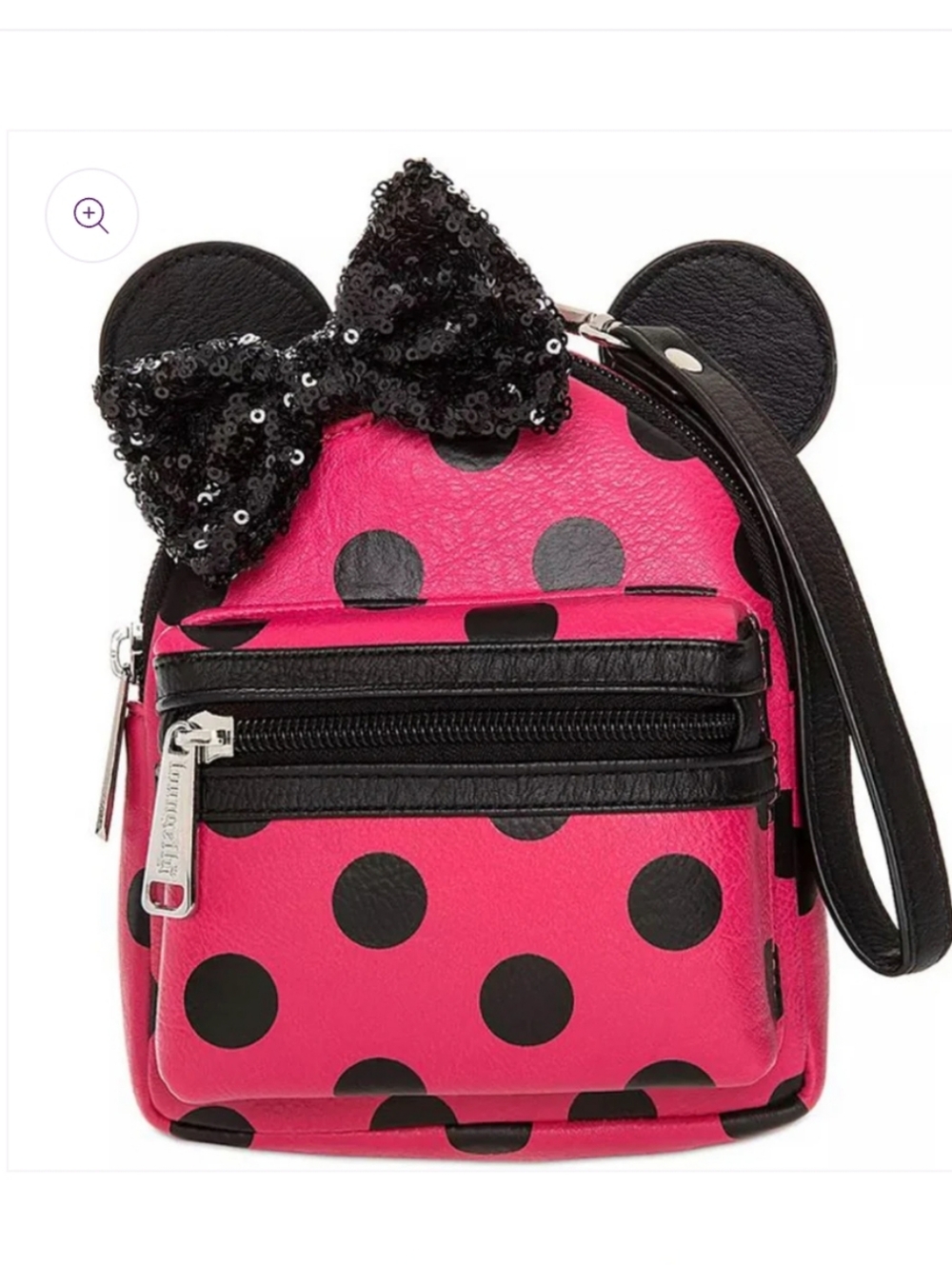 Loungefly Pink and Black Polka Dot Micro  Backpack with Sequin Bow Ears - Picture 8 of 8
